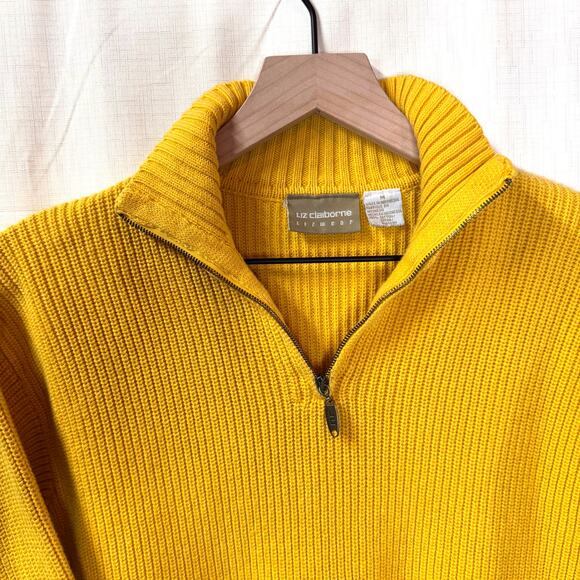 Quarter Zip Ribbed Sweater Women's M Cotton Mock Neck Crop Butter Yellow Preppy - Picture 2 of 9
